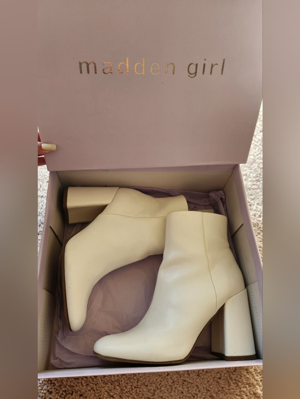 Madden Girl Cream Block Heel Ankle Boots
